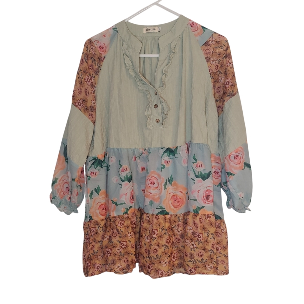 Oversized Floral Tiered Boho Tunic/ Short Mini Dress EUC - Picture 2 of 7